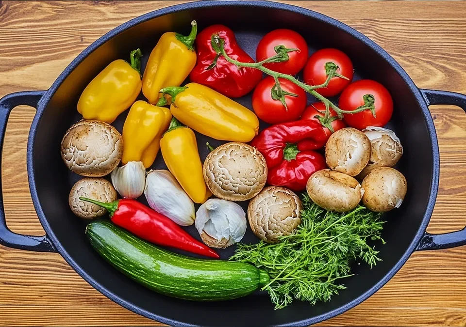 Vue de dessus d'une poêle noire remplie de légumes frais colorés, comprenant des tomates cerises rouges, des champignons, des poivrons jaunes, des piments verts, de l'ail, des oignons et des piments rouges séchés, le tout disposé sur une table en bois.