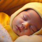 Close-up d'un nouveau-né dans son lit, vêtu entièrement de jaune, illustrant la thématique de la jaunisse chez les bébés.