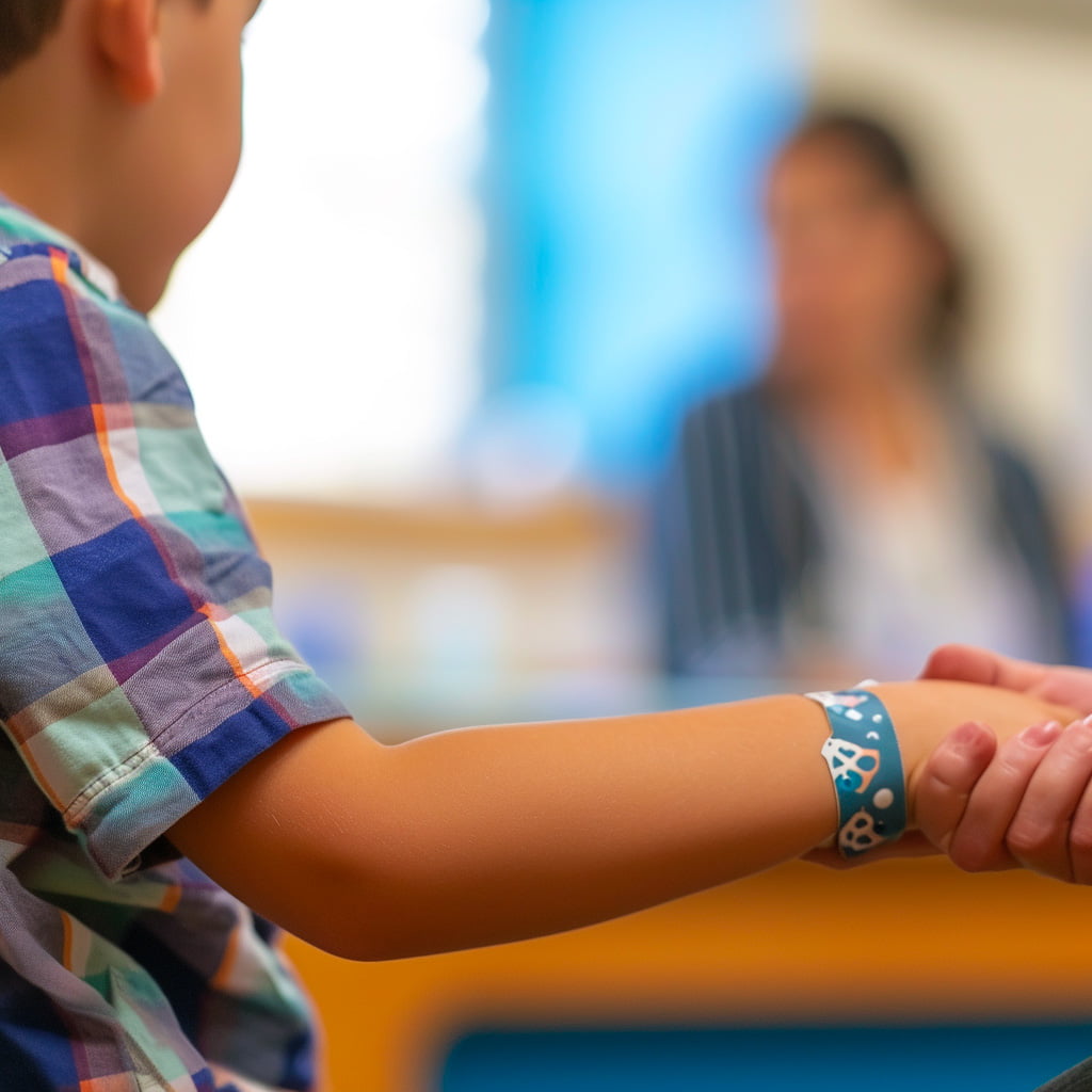 Enfant affichant un pansement sur le bras après une petite chirurgie, dans la salle d'attente d'un médecin