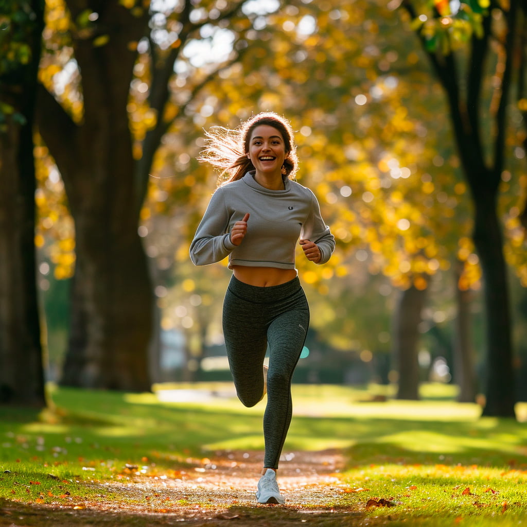Femme souriante faisant un jogging dans un parc, représentant un mode de vie actif et sain