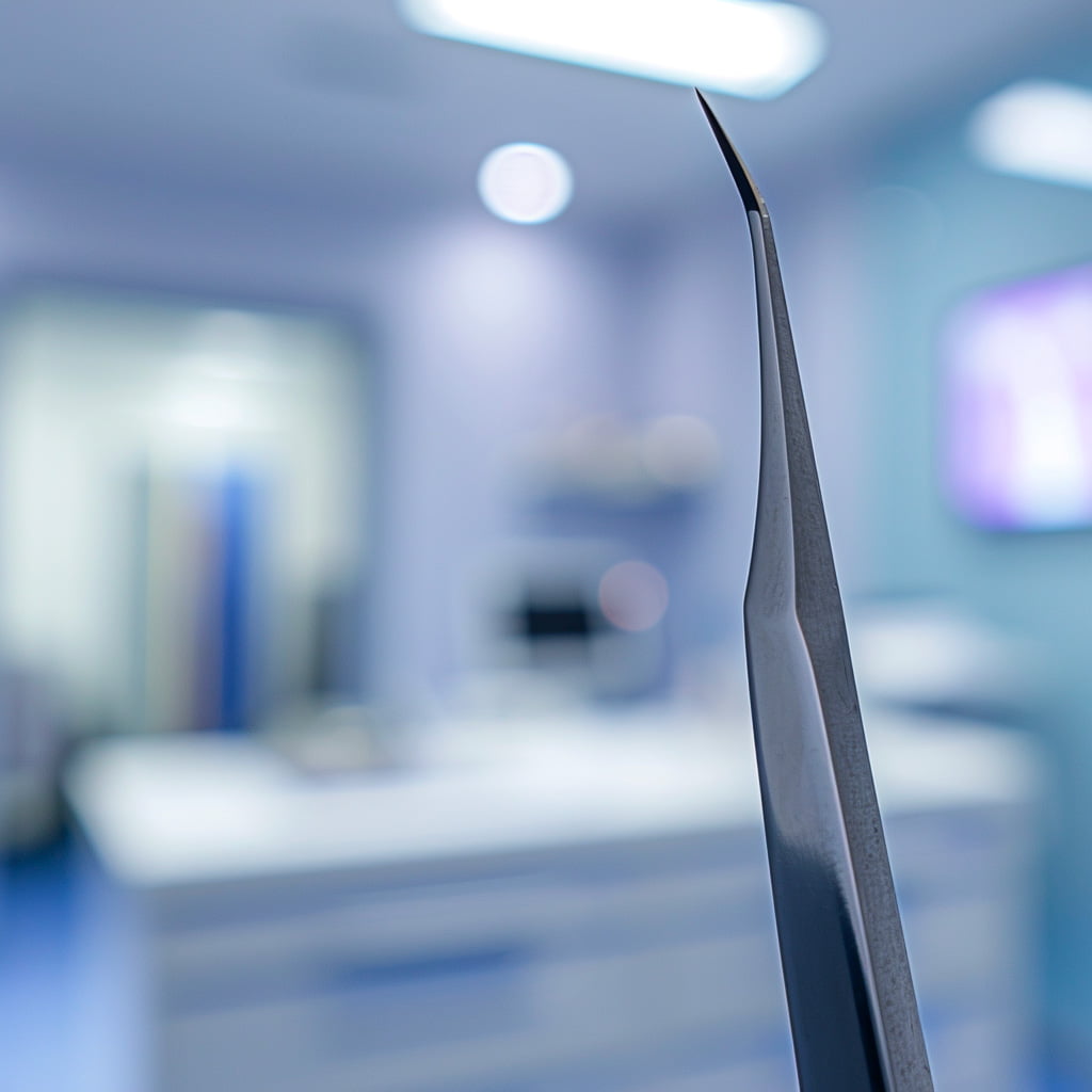 Scalpel en gros plan sur un plateau chirurgical dans un environnement médical propre et moderne