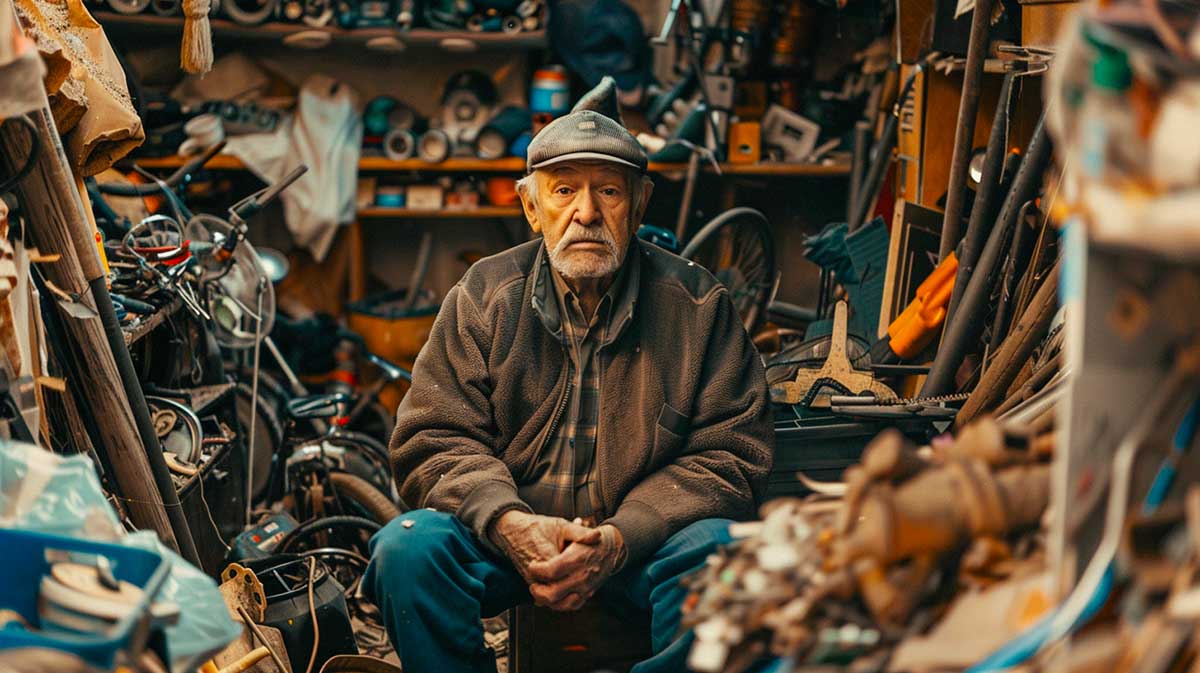 Homme âgé assis au milieu d'une accumulation excessive d'objets illustrant le syndrome de Diogène et la syllogomanie