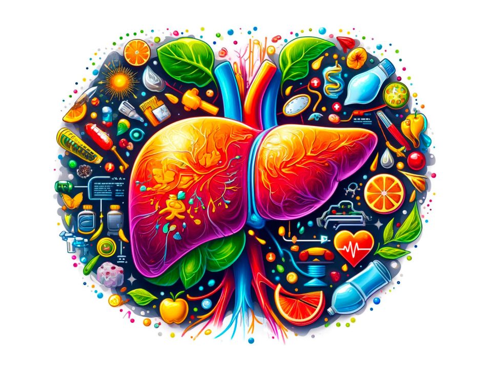 Illustration détaillée mettant en avant la santé du foie avec des aliments sains, exercices et hydratation recommandés par le Docteur Julie Monnoye
