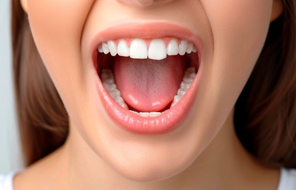 Vue rapprochée d'une bouche saine montrant des dents et une langue, représentant la santé des glandes salivaires