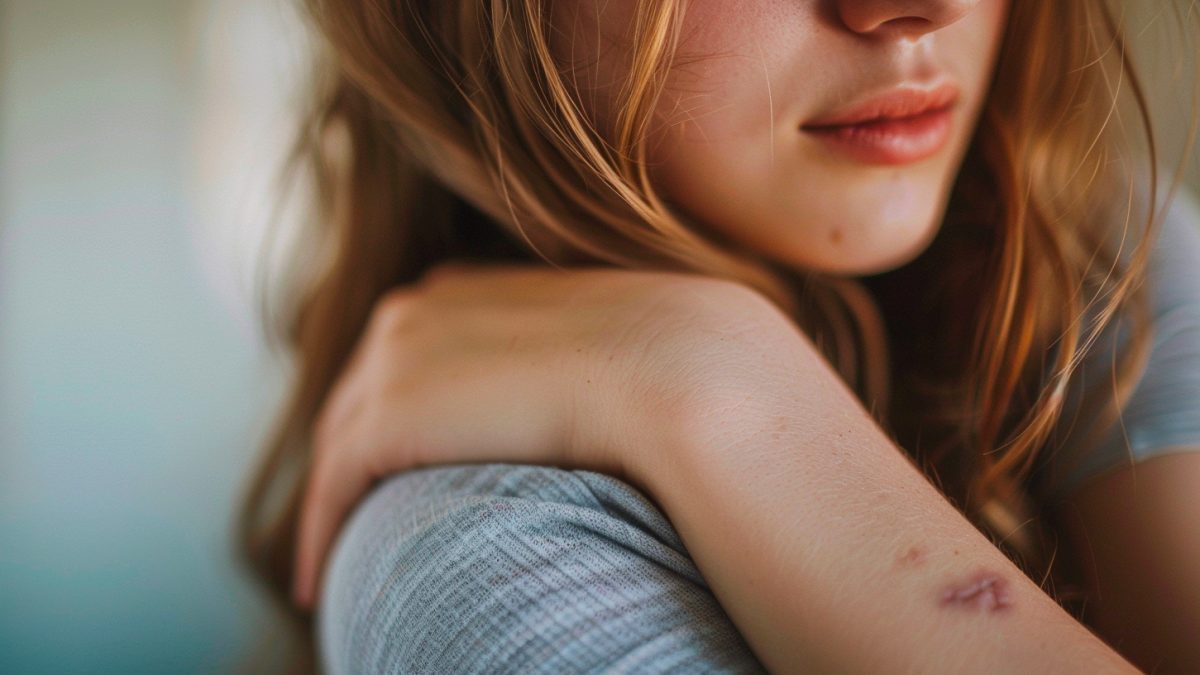 Jeune fille avec des démangeaisons et des lésions cutanées causées par la gale, symptôme caractéristique de l'infestation par l'acarien Sarcoptes scabiei