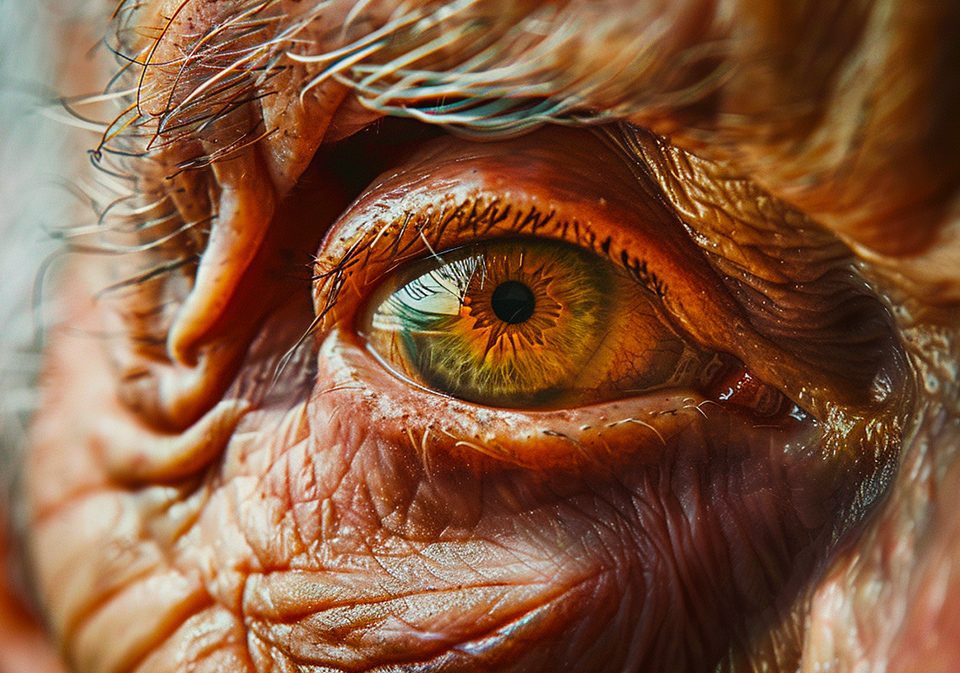Gros plan sur l'œil âgé d'un patient atteint de la maladie de Parkinson, montrant les détails de l'iris et les rides environnantes