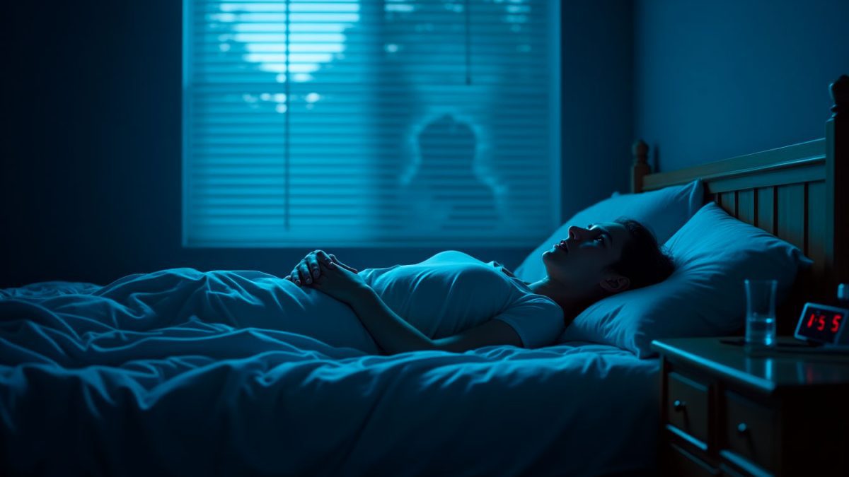 Personne souffrant de paralysie du sommeil, allongée dans son lit, incapable de bouger, illustrant les symptômes du trouble.