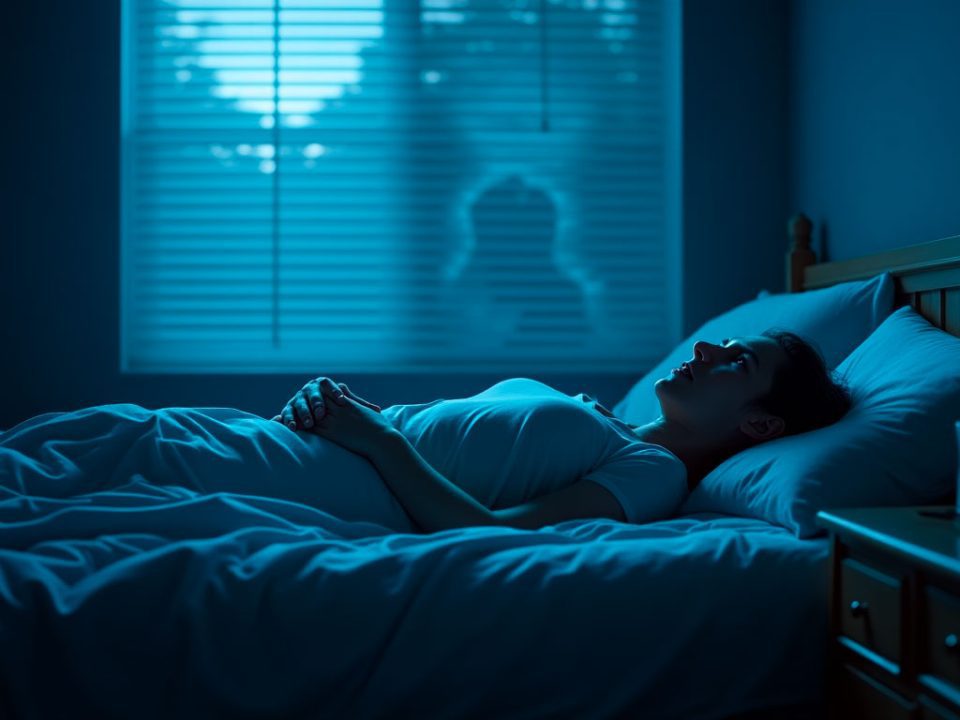 Personne souffrant de paralysie du sommeil, allongée dans son lit, incapable de bouger, illustrant les symptômes du trouble.