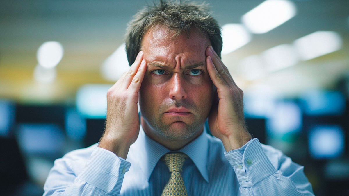 Homme d'âge moyen stressé, se tenant la tête, illustrant les effets du stress et de l'excès de cortisol sur la santé.